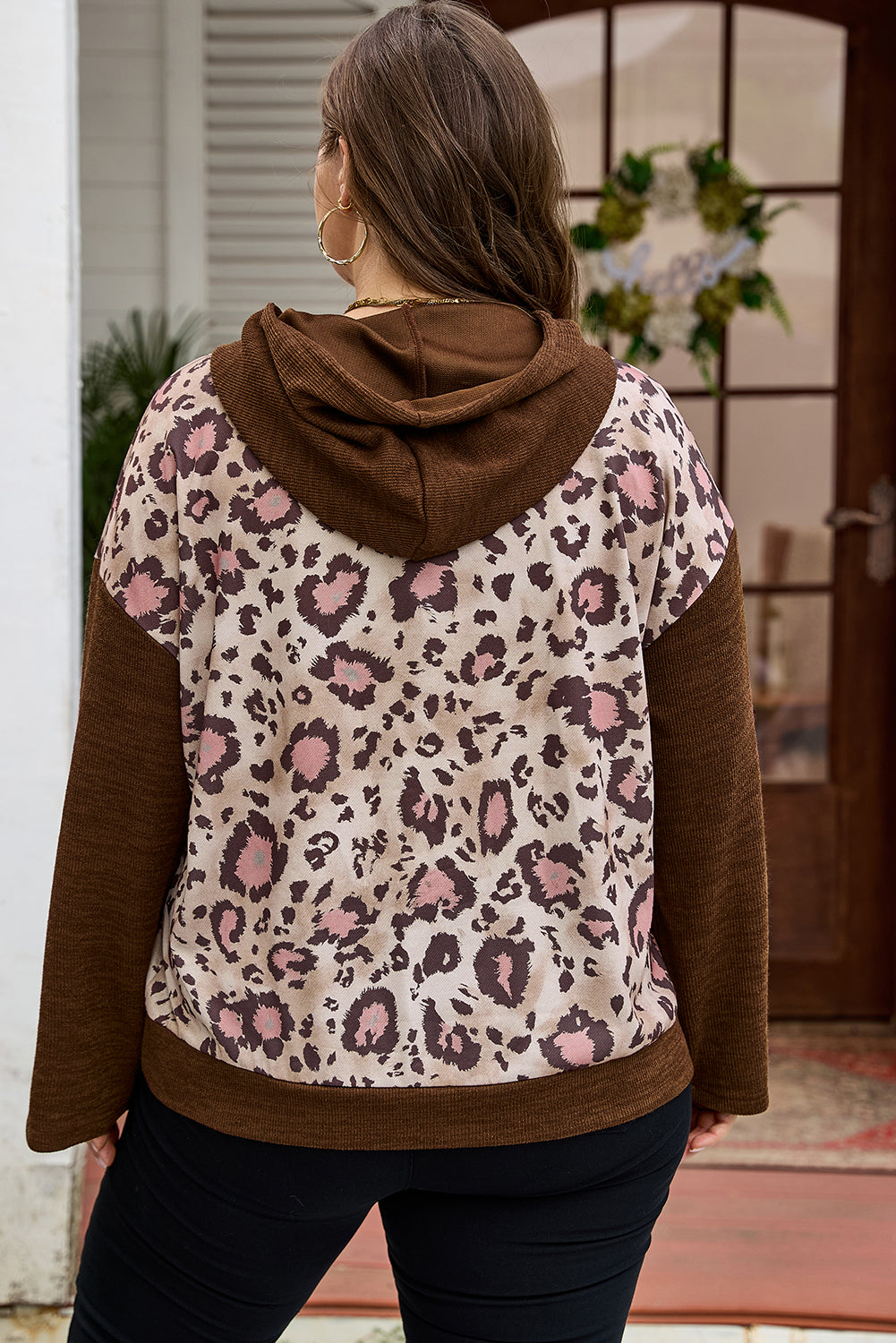 Leopard Print Knit Patchwork Hoodie | Plus Size | Brown | 1X–4X