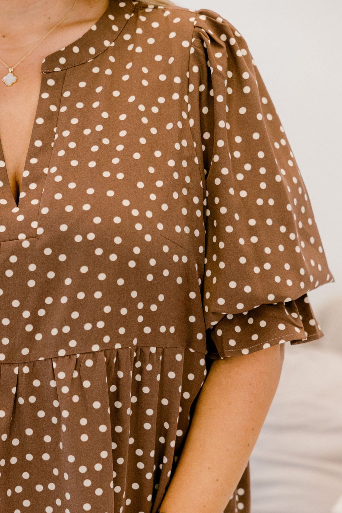 Plus Size Brown Polka Dot Long Sleeve V-Neck Shift Dress 1X to 4X