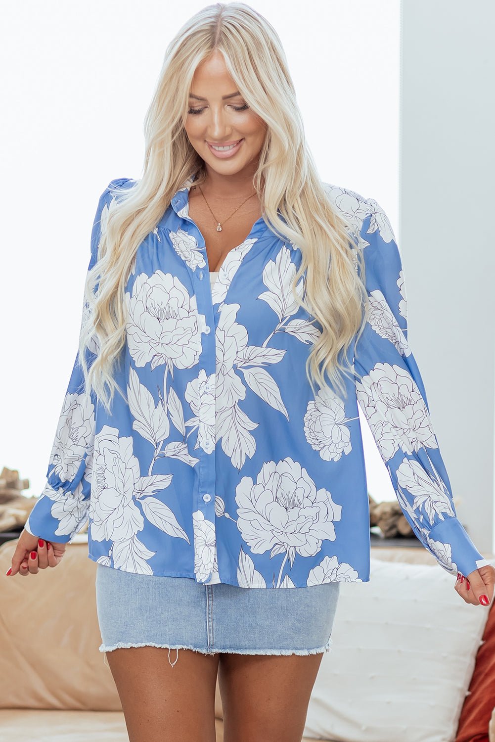 Blue Floral Blouse Women S–XL