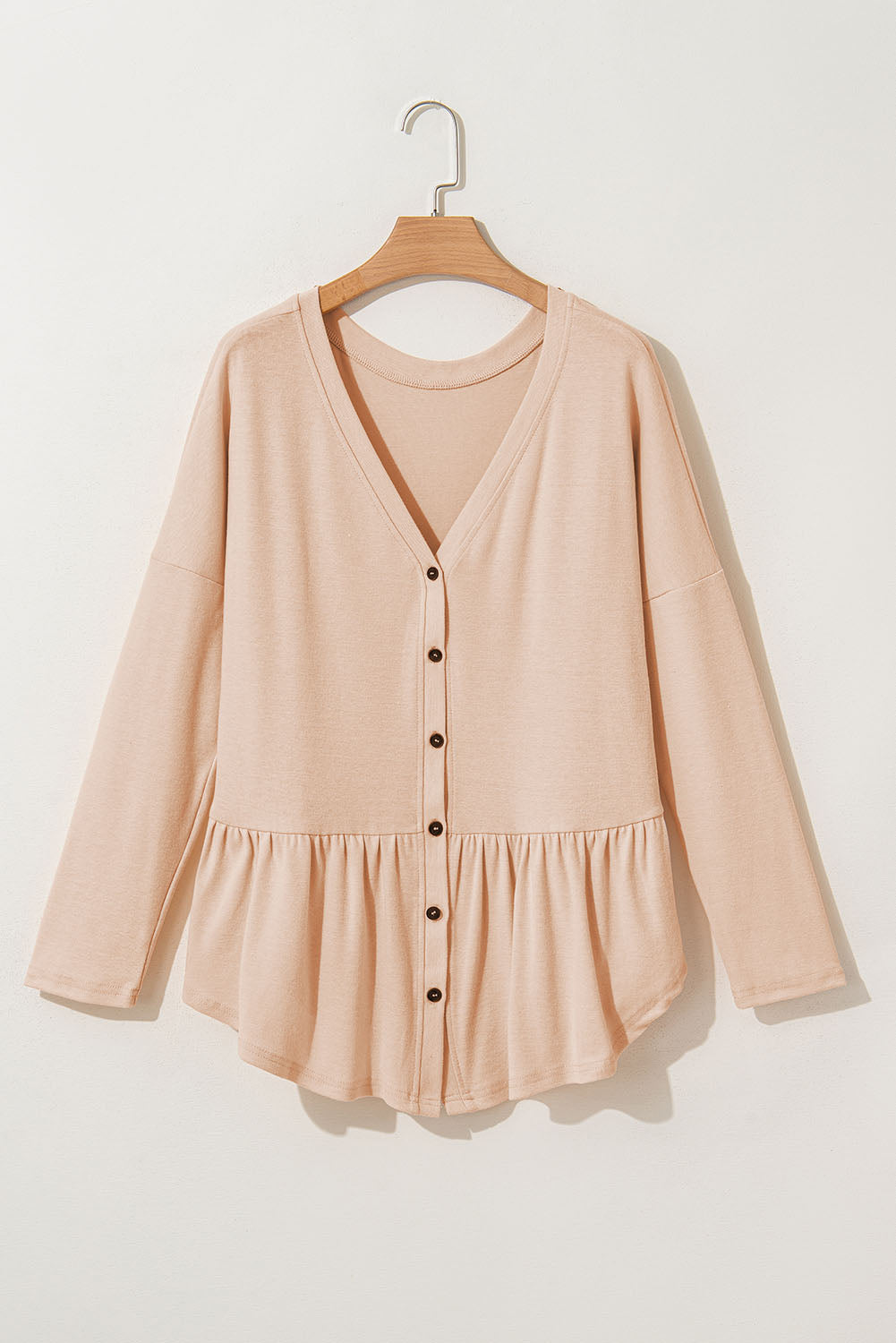 Beige Ruffled Hem Buttoned V-Neck Long Sleeve Shirt