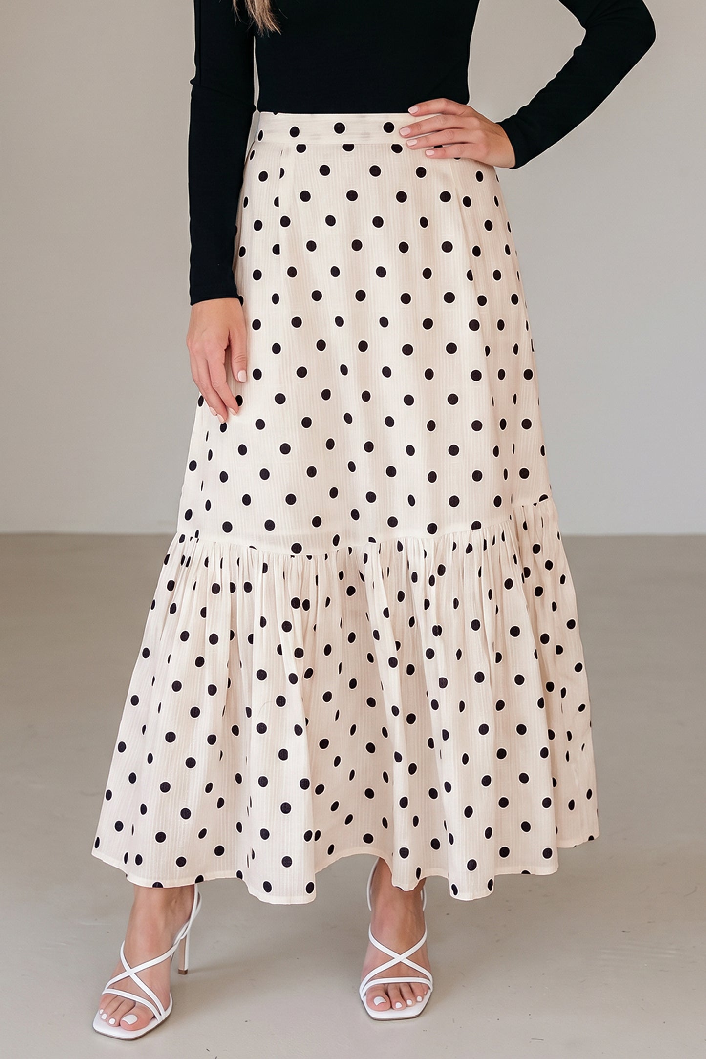 White Polka Dot Ruffle Maxi Skirt Women S–XL