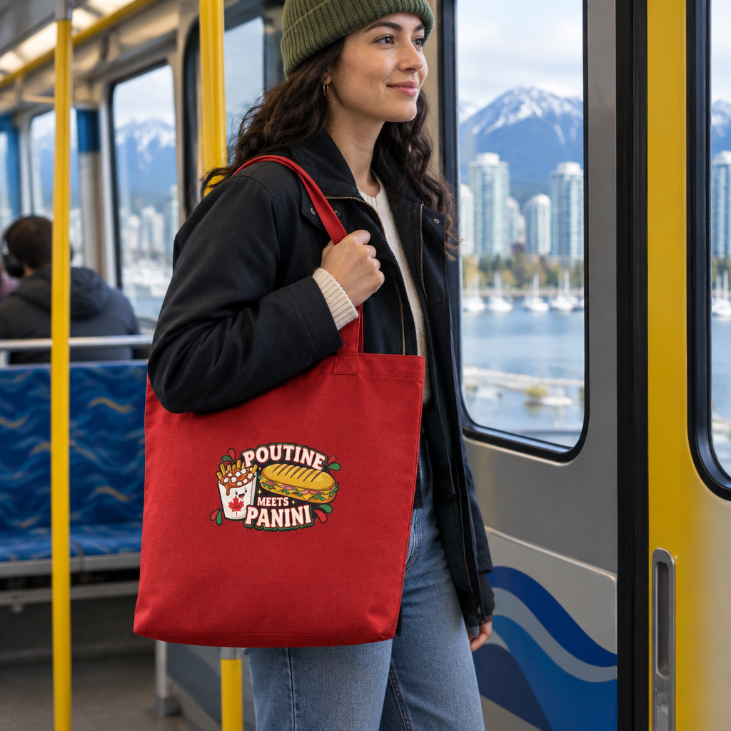 Commuter riding the Vancouver SkyTrain with the Poutine Meets Panini tote