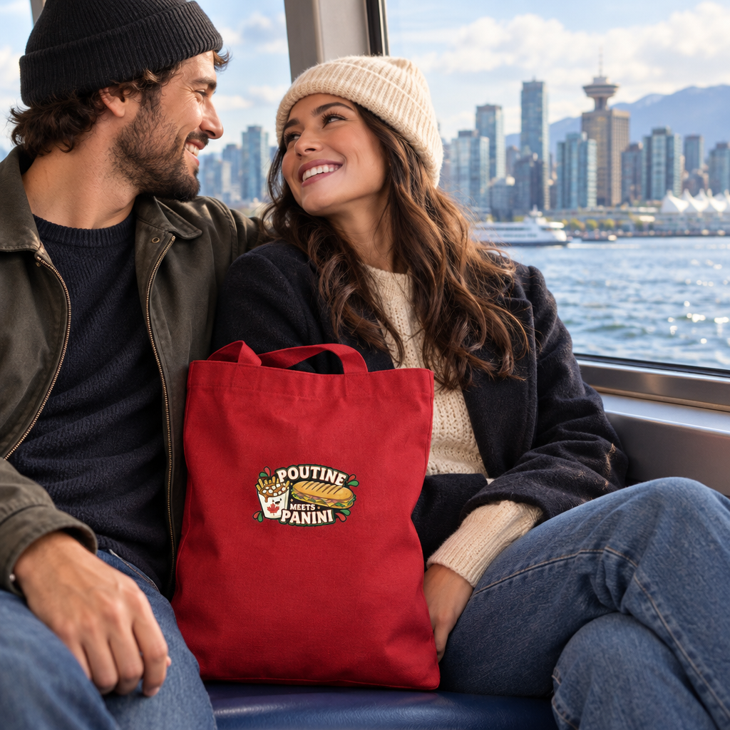 Couple riding the Vancouver SeaBus with the tote