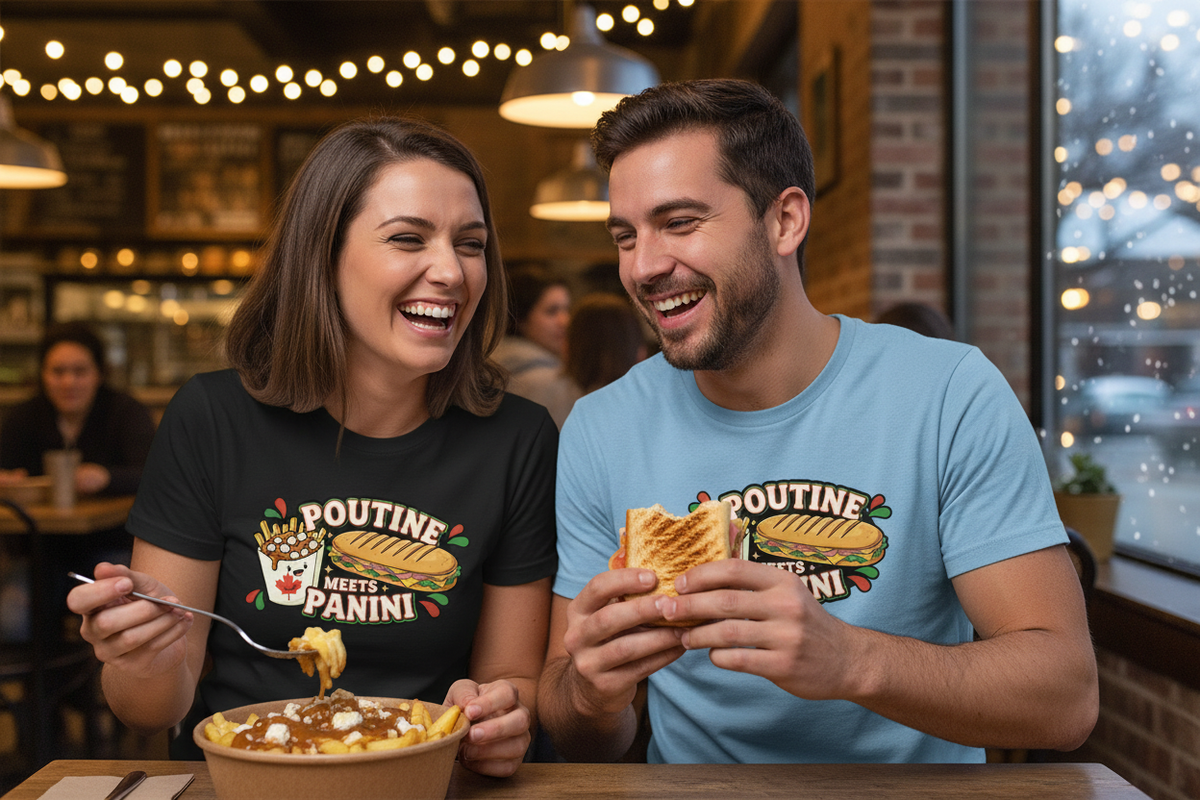 Couple wearing Poutine Meets Panini shirts in a cozy café