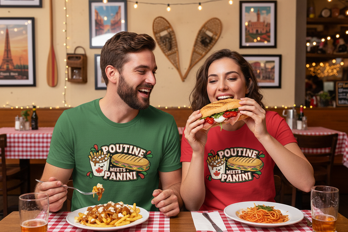 Couple wearing Poutine Meets Panini shirts, one eating poutine and one eating a panini