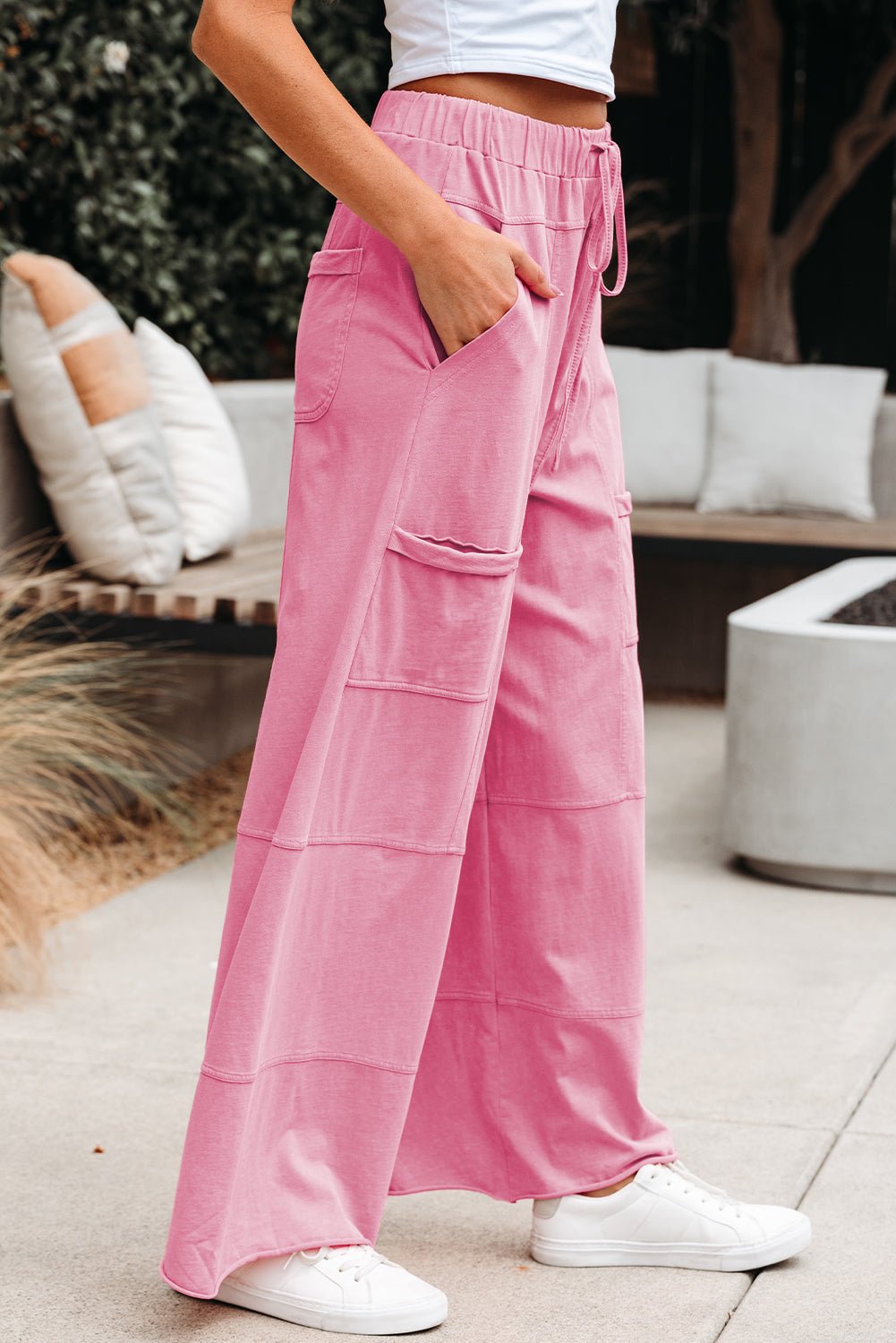 Mineral Wash Exposed Seam Drawstring Wide Leg Cargo Pants