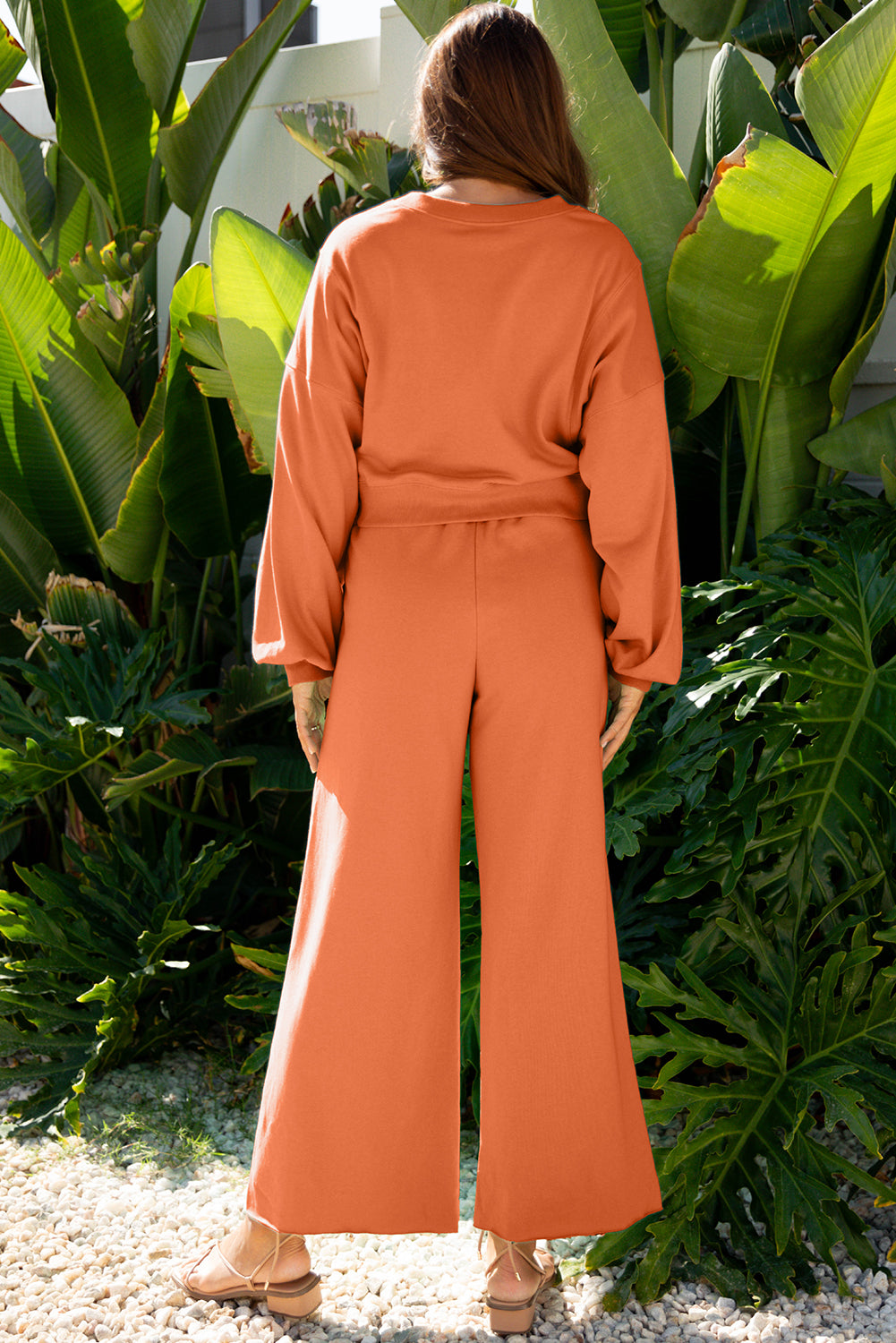 Drop Shoulder Puff Sleeve Crop Pullover & Wide Leg Pants Set