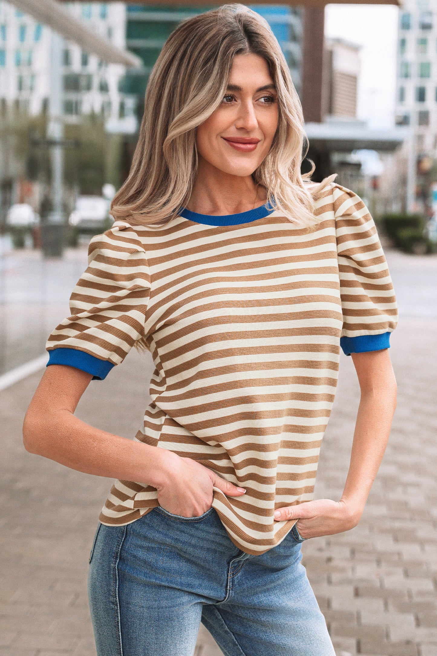 Striped Puff Sleeve Contrast Trim Round Neck Tee | Green, Brown & Rose | S–XL
