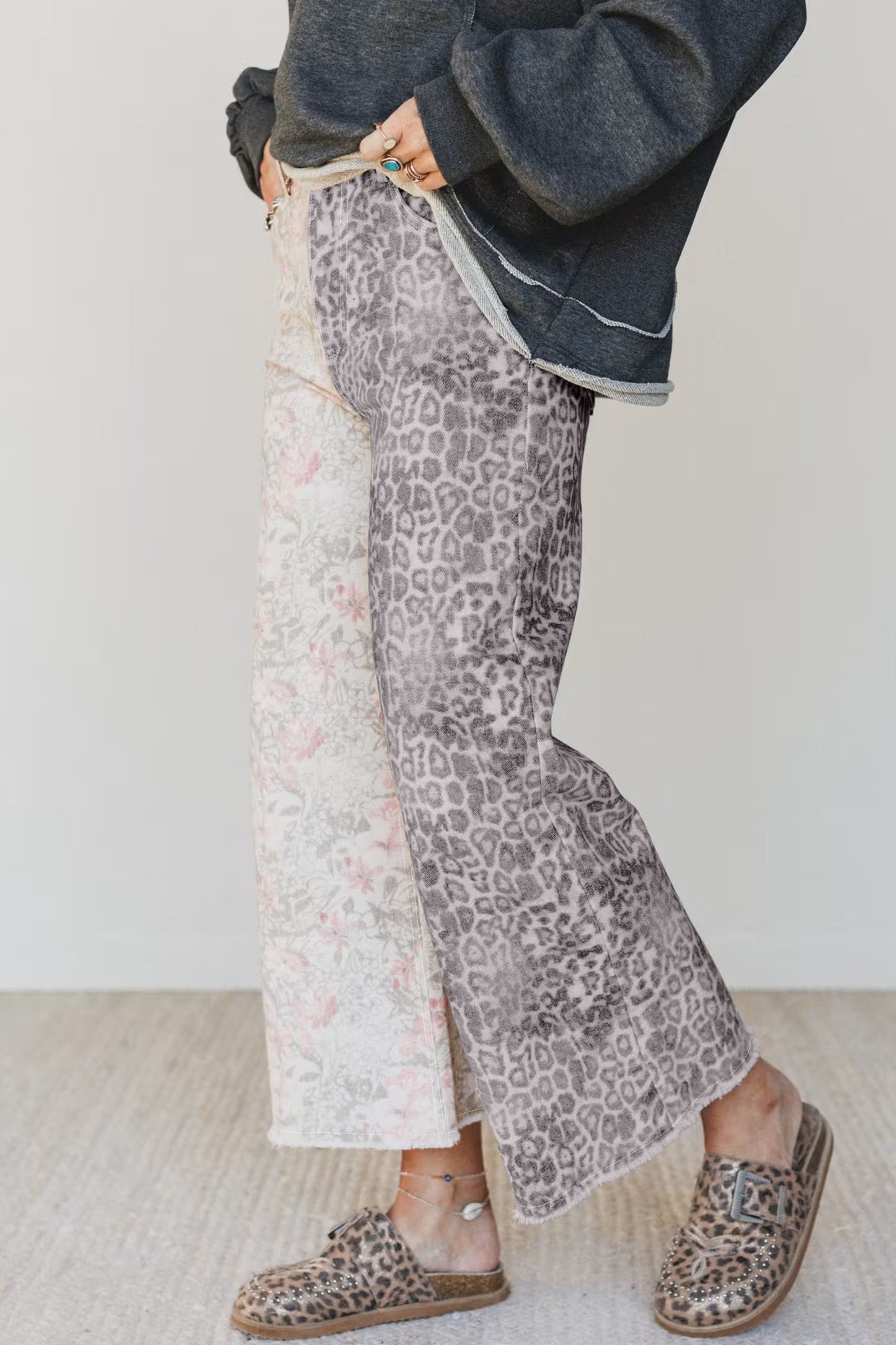 Cropped Wide Leg Jeans Retro Floral Leopard Patchwork Raw Hem Women Size 4–16