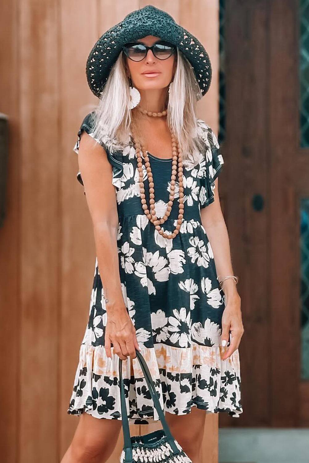Floral Print Ruffle Sleeve Empire Waist Mini Dress – Green Women S–XL