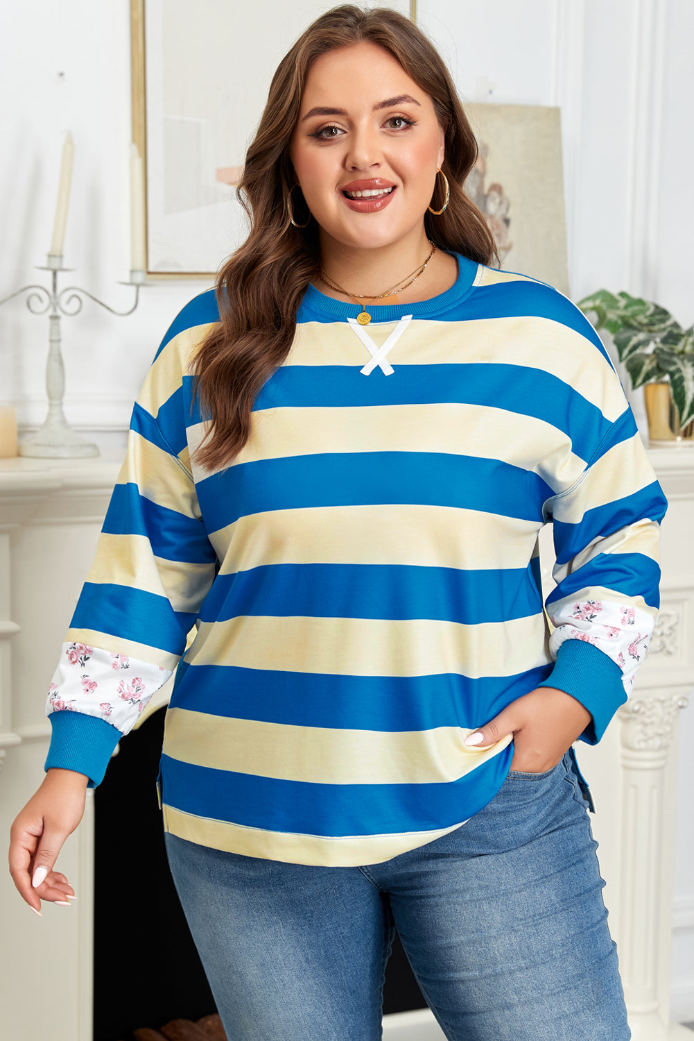 Plus Size Blue Stripe Floral Colour Block Drop Shoulder Pullover Women 1X–4X