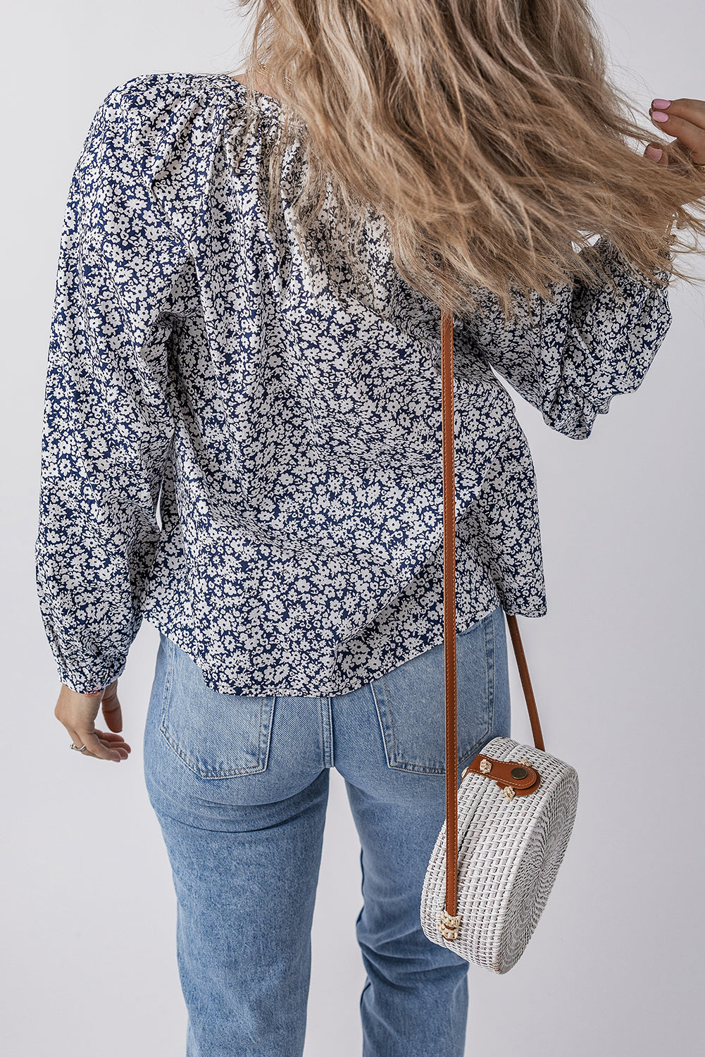 Blue Floral Print Notched V-Neck Puff Sleeve Blouse