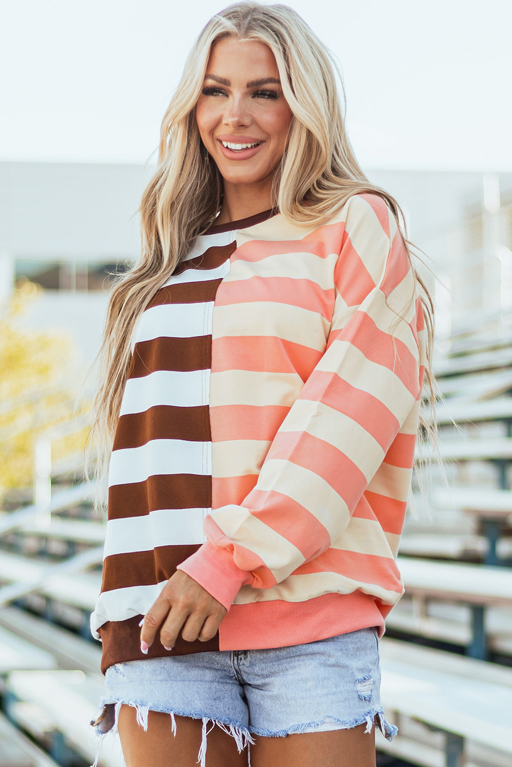 Brown Stripe Colourblock Drop Shoulder Pullover Sweatshirt | S–XL