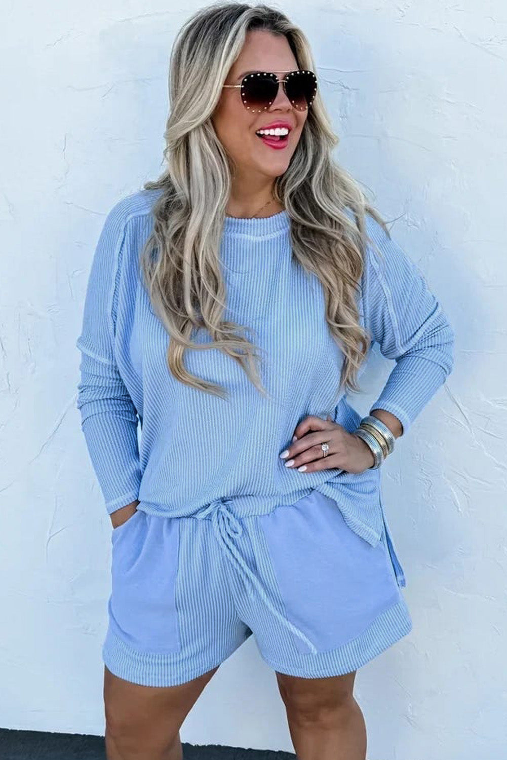 Ribbed Long Sleeve Top & Drawstring Shorts Set | Plus Size | Light Blue | 1X–3X