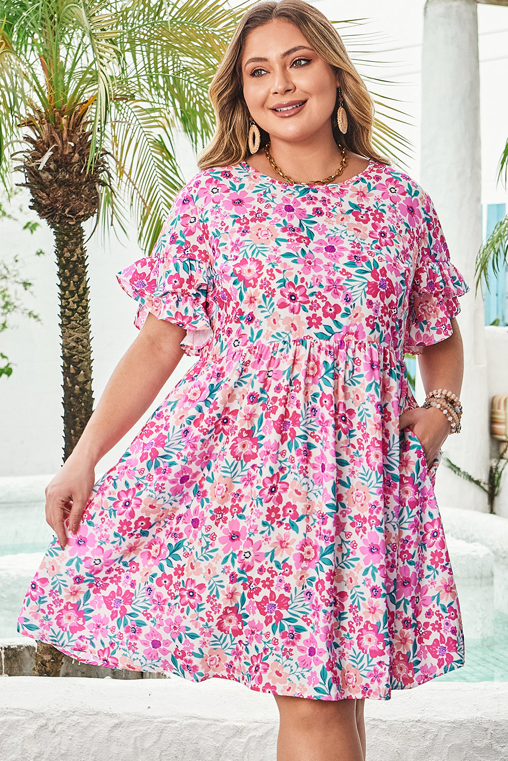 Plus Size Pink Floral Babydoll Flare Dress with Pockets Women 1X–4X