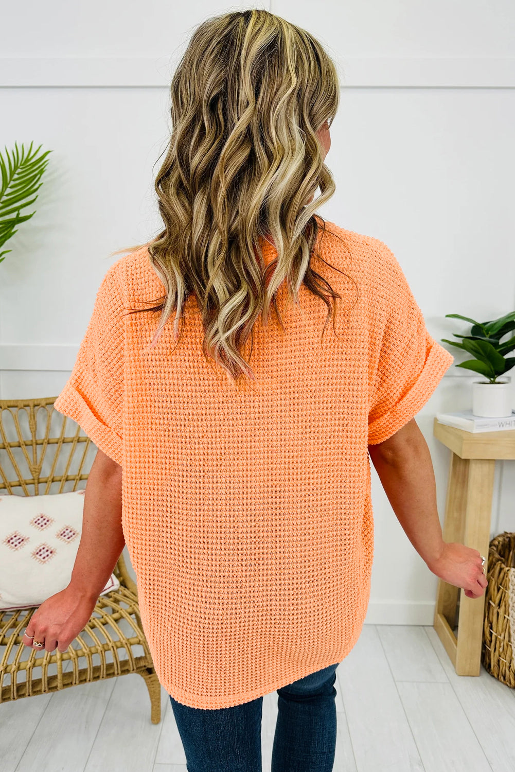 Waffle Knit V-Neck Short Sleeve Cuffed Top