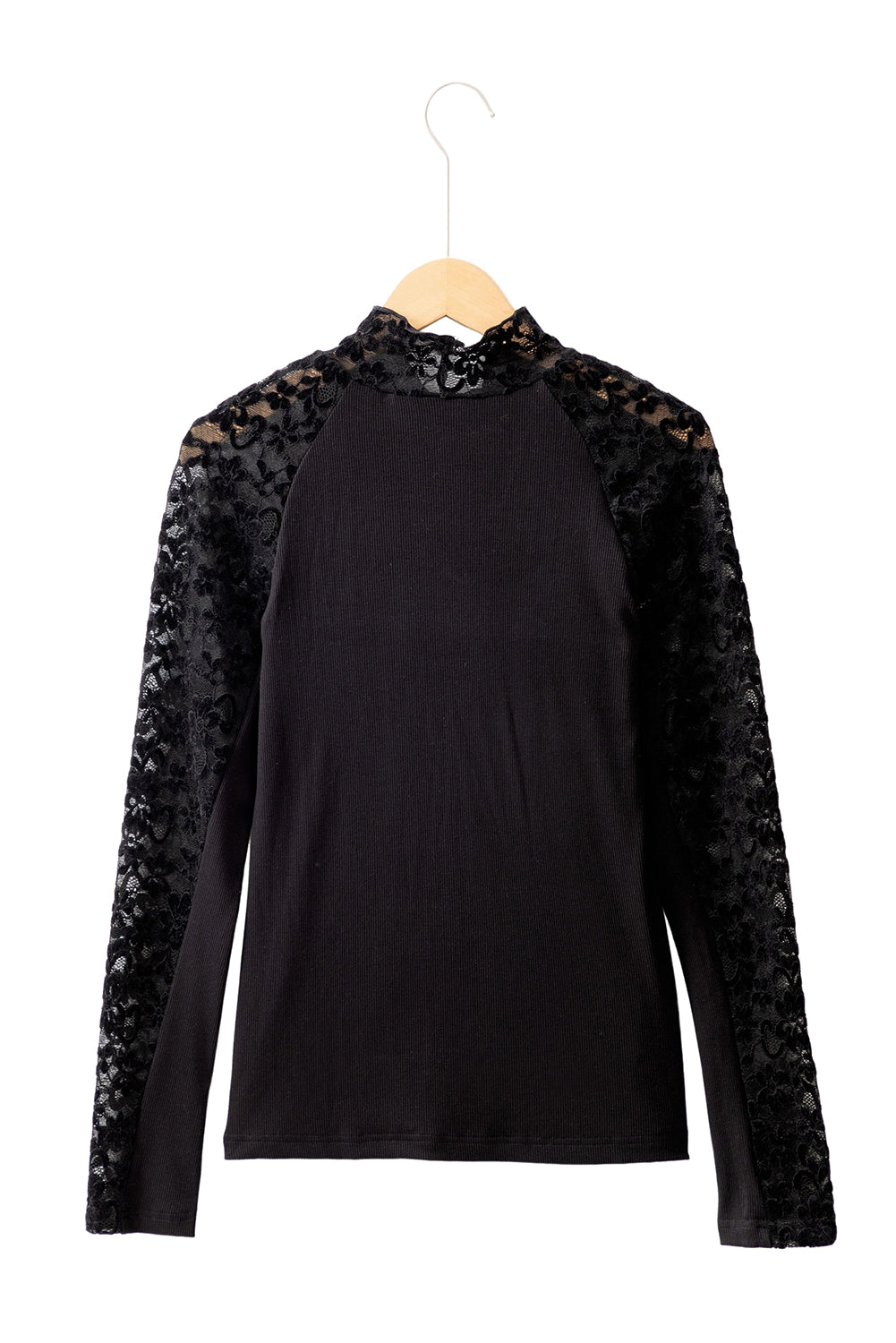 Floral Lace Patchwork High Neck Long Sleeve Slim Top | Black