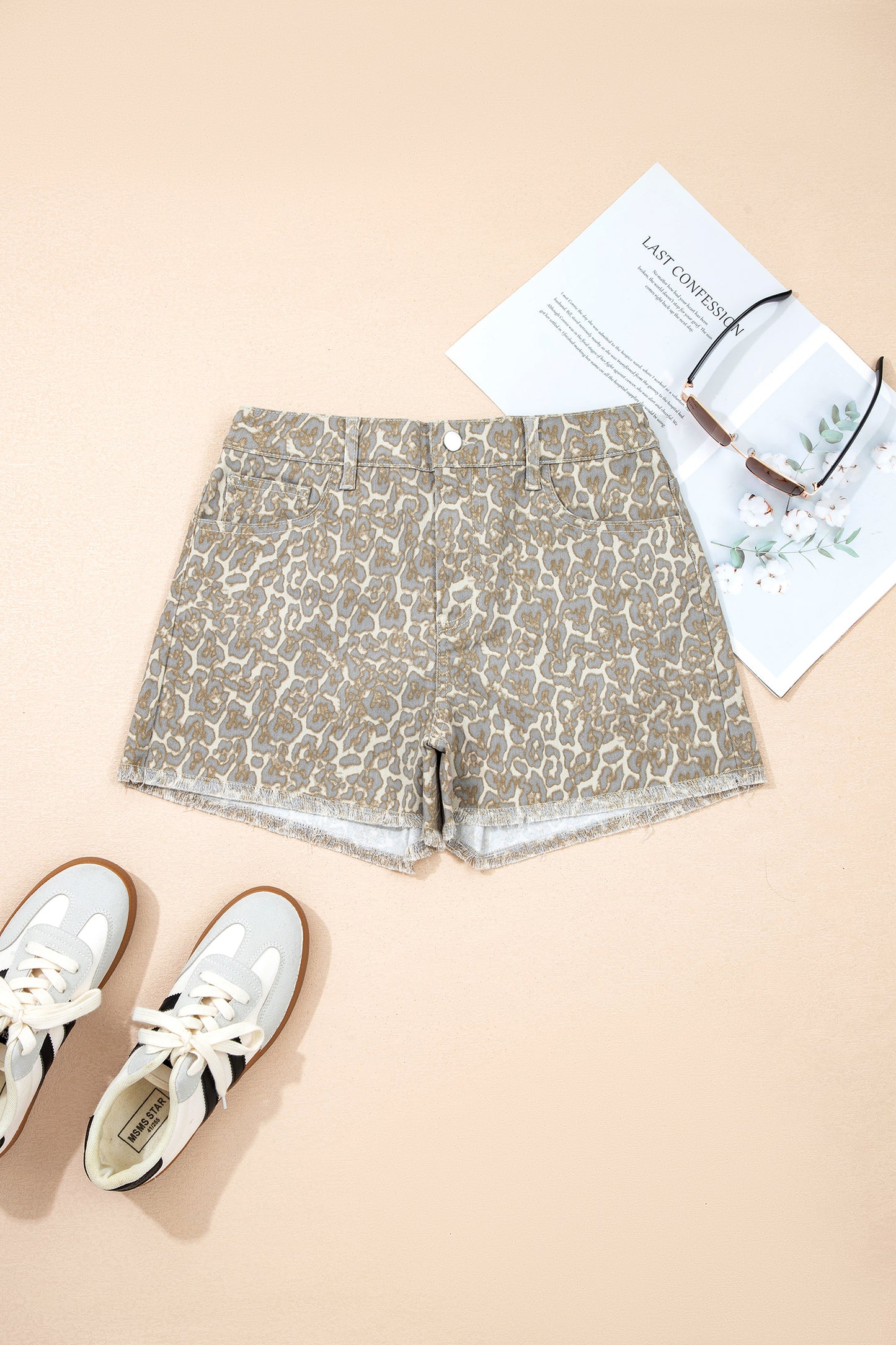 Leopard Print Raw Edge Denim Shorts | Khaki | US 4–16
