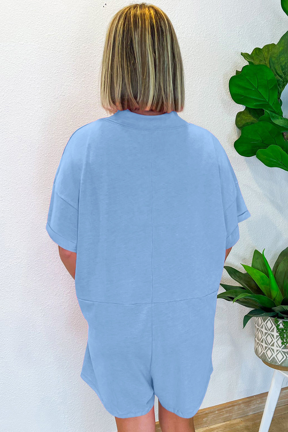 Pastel Blue Loose Half Sleeve V Neck Knit Romper