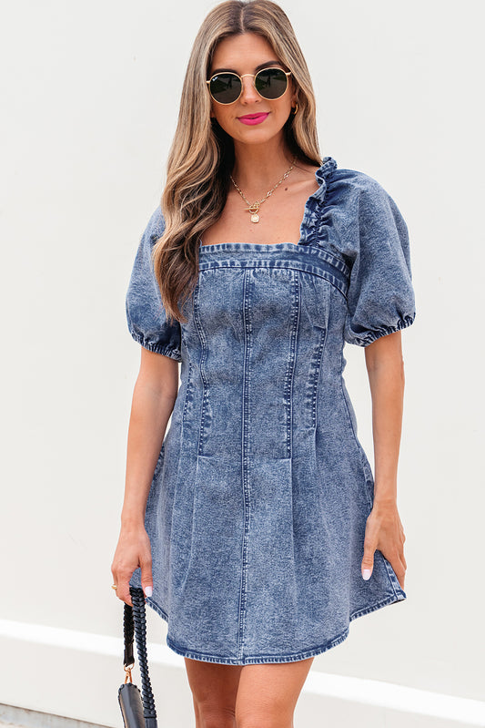 Denim Square Neck Frill Detail Puff Sleeve Mini Dress – Blue Women S–XL