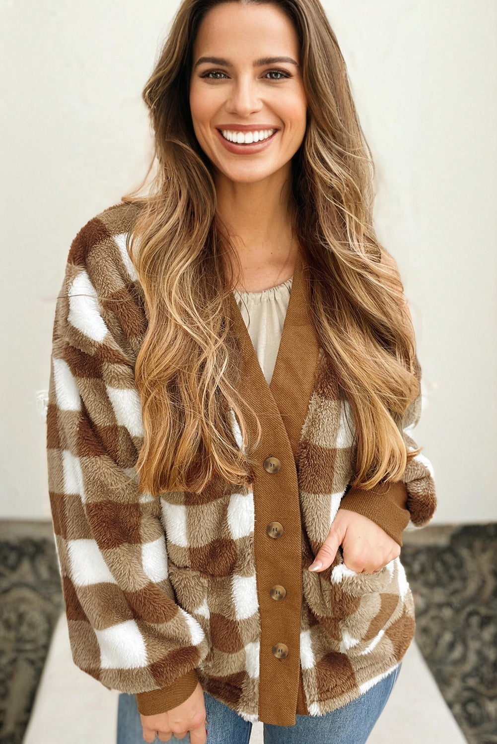 Checkered Sherpa Loose Knit Cardigan with Pockets