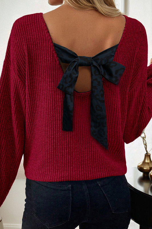 Ribbed V-Neck Bow Back Drop Shoulder Top in Racing Red