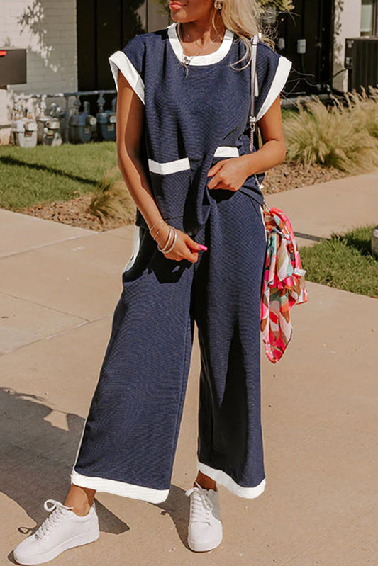 Navy Blue & Black Color Block Pocketed Cap Sleeve Tee Wide Leg Pants Set
