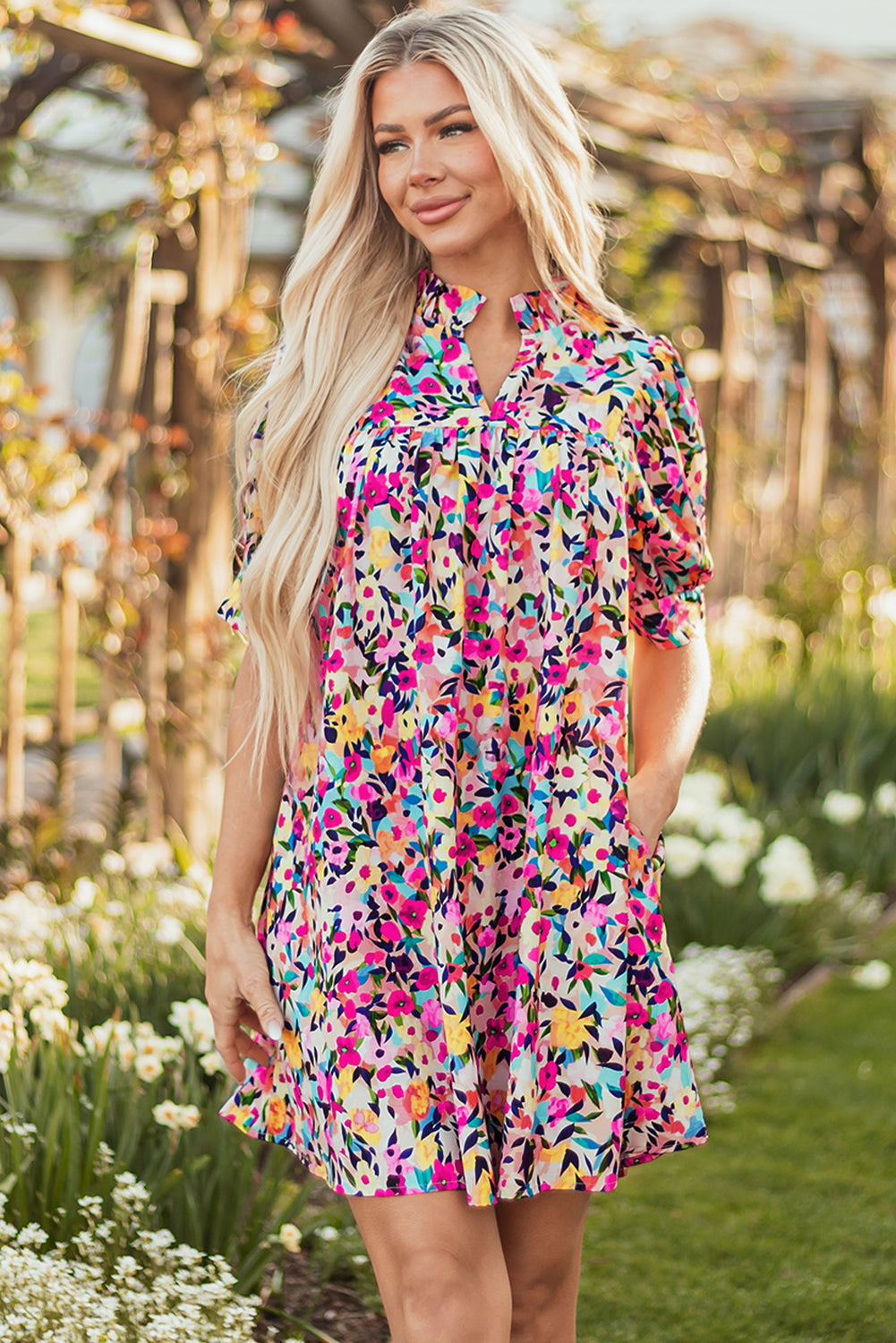 Pink Floral Puff Short Sleeve V-Neck Mini Dress