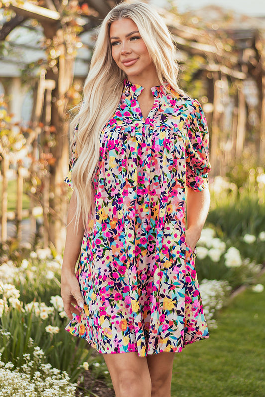 Pink Floral Puff Short Sleeve V-Neck Mini Dress