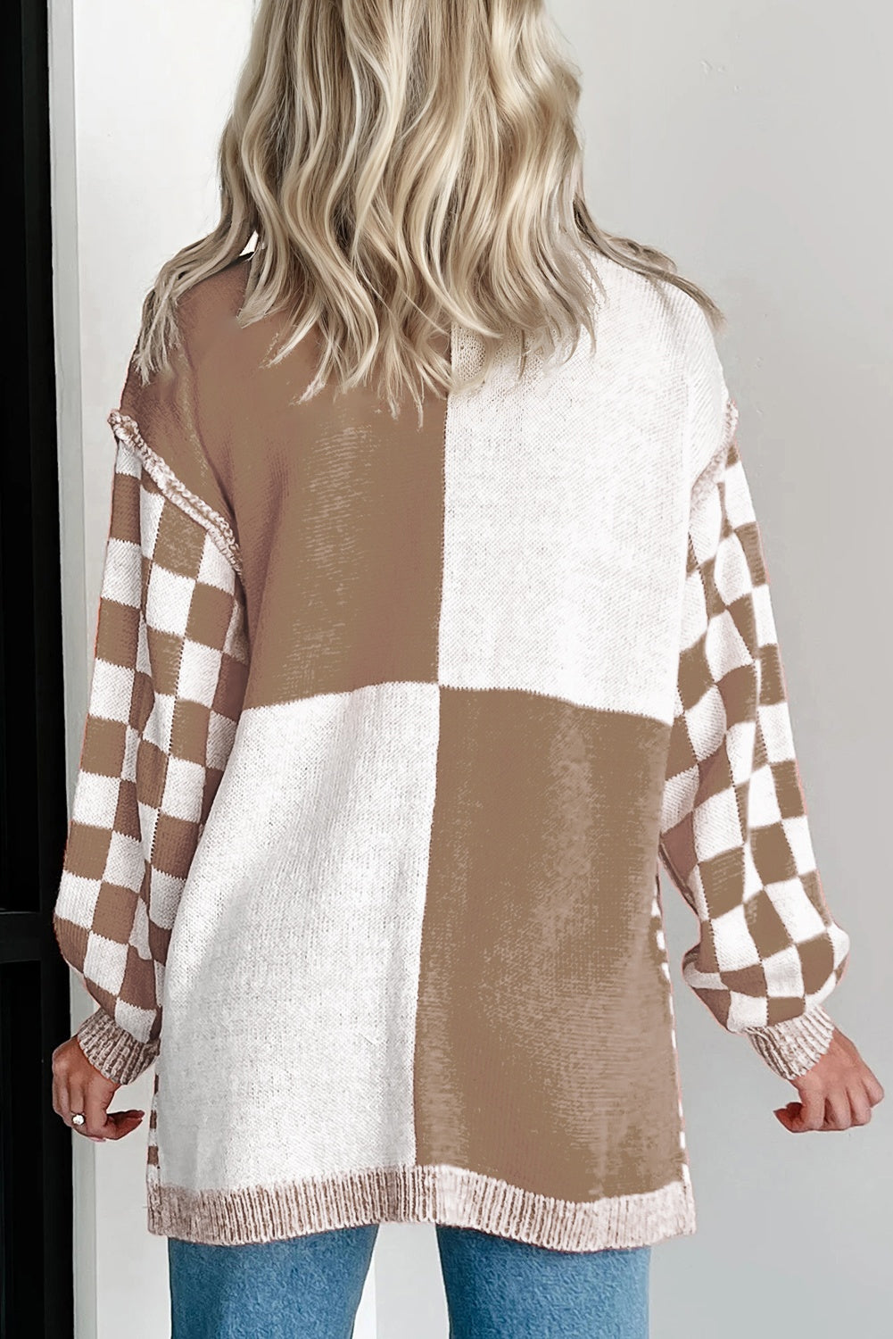 Plus Size Checkered Bubble Sleeve Open Cardigan Women 1X–4X