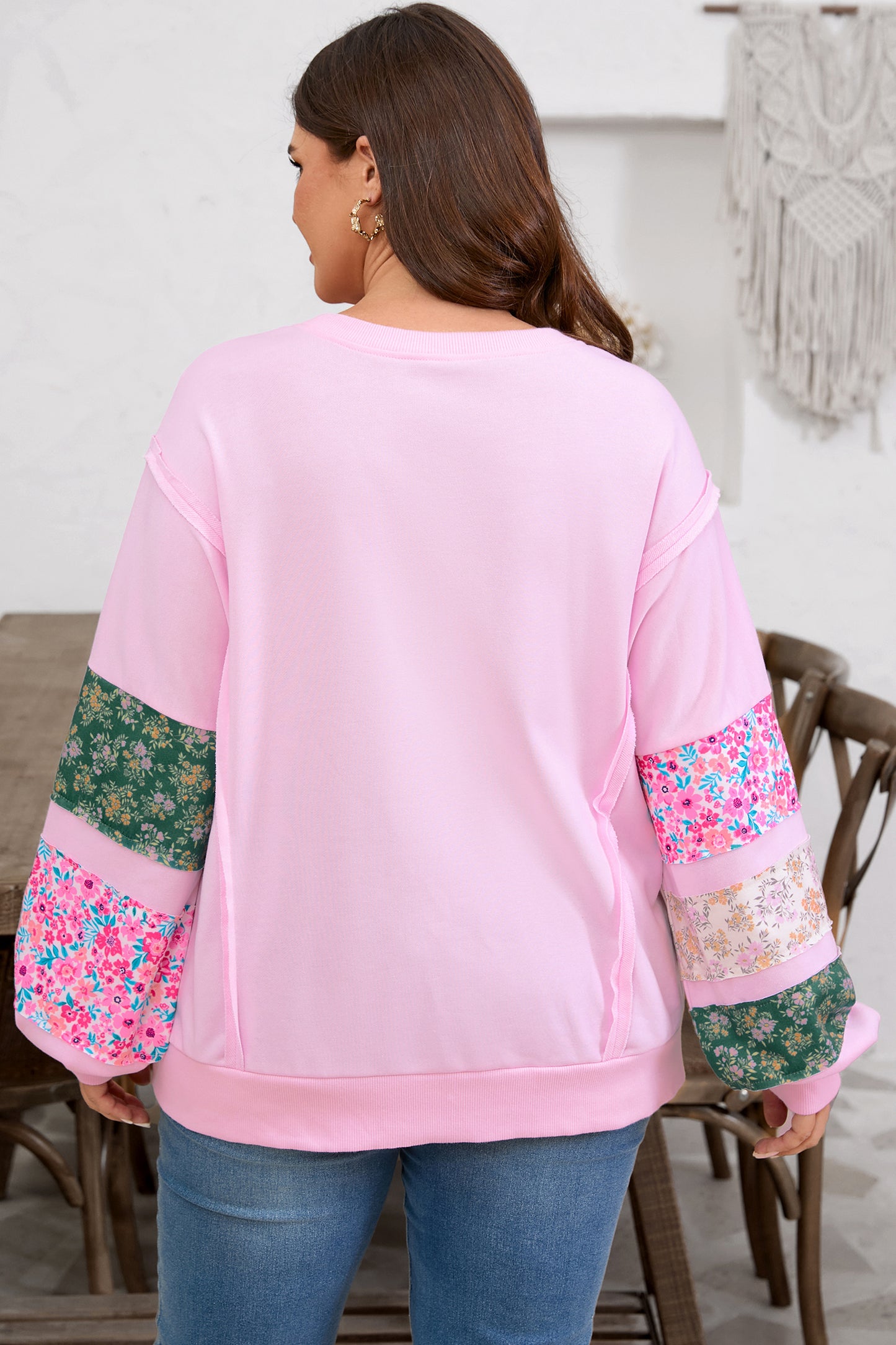Plus Size Floral Patched Sleeve Ribbed Trim Baggy Sweatshirt