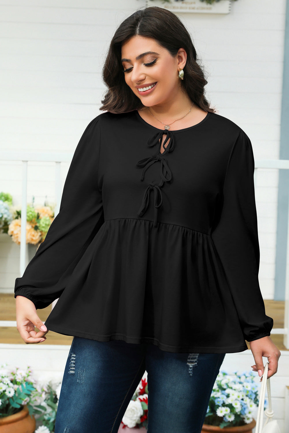 Women's Plus Size Black Bow Tie Peplum Blouse L to 4X