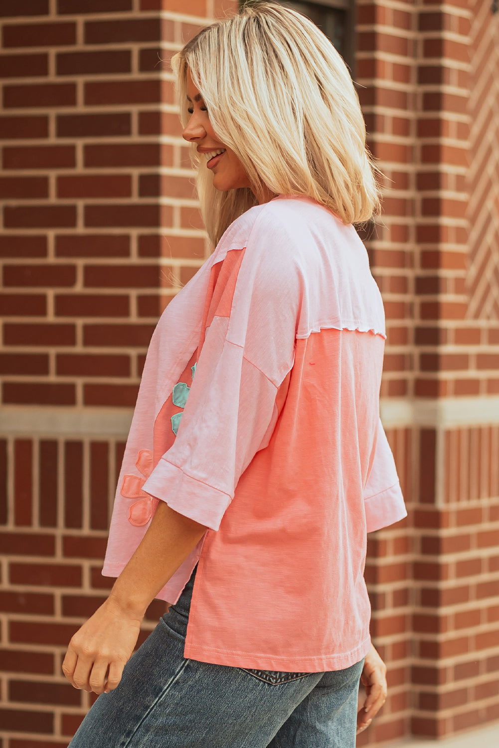 Flower Patched Exposed Seam Bracelet Sleeve Oversized T-Shirt