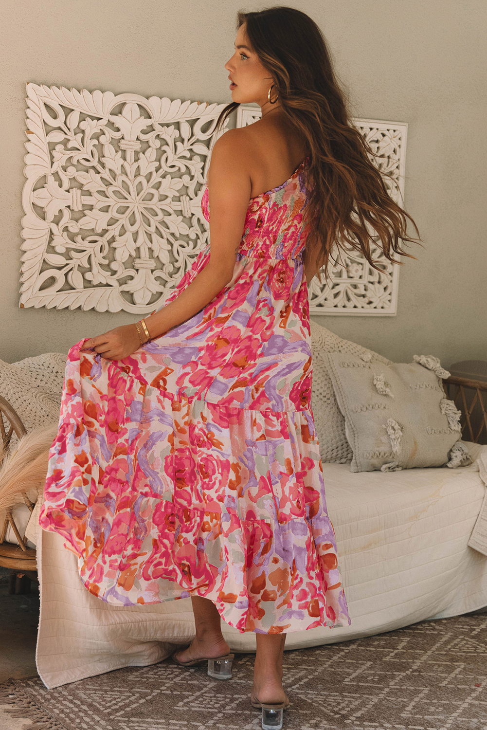 Abstract Floral Shirred One Shoulder Maxi Dress | Pink | S–XL