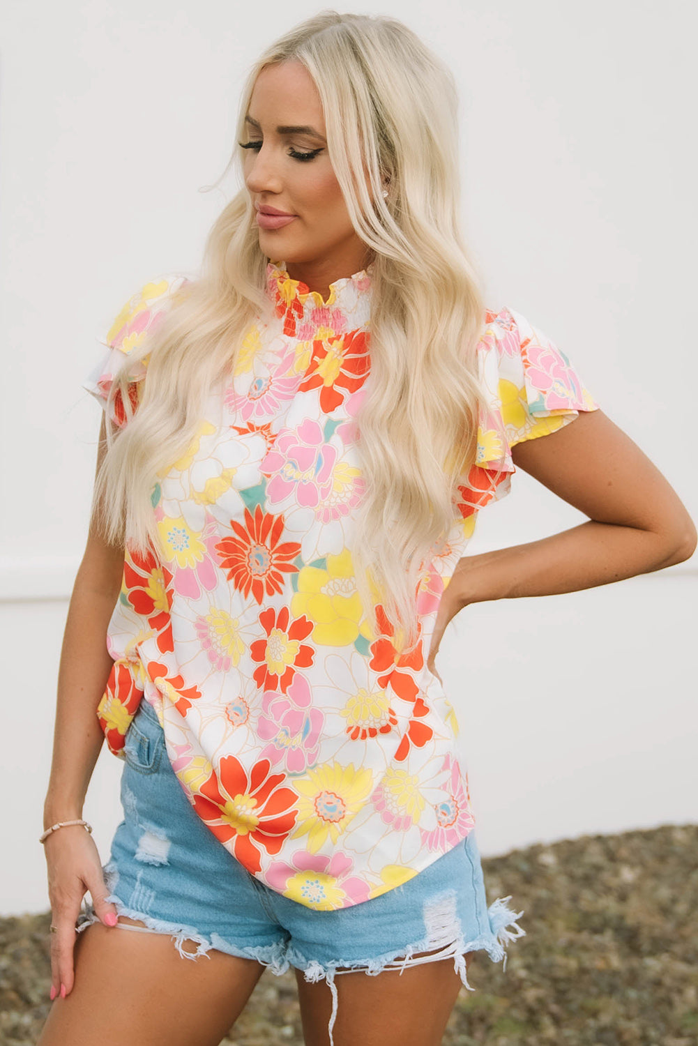 Multicolor Stand Collar Flutter Sleeve Floral Top