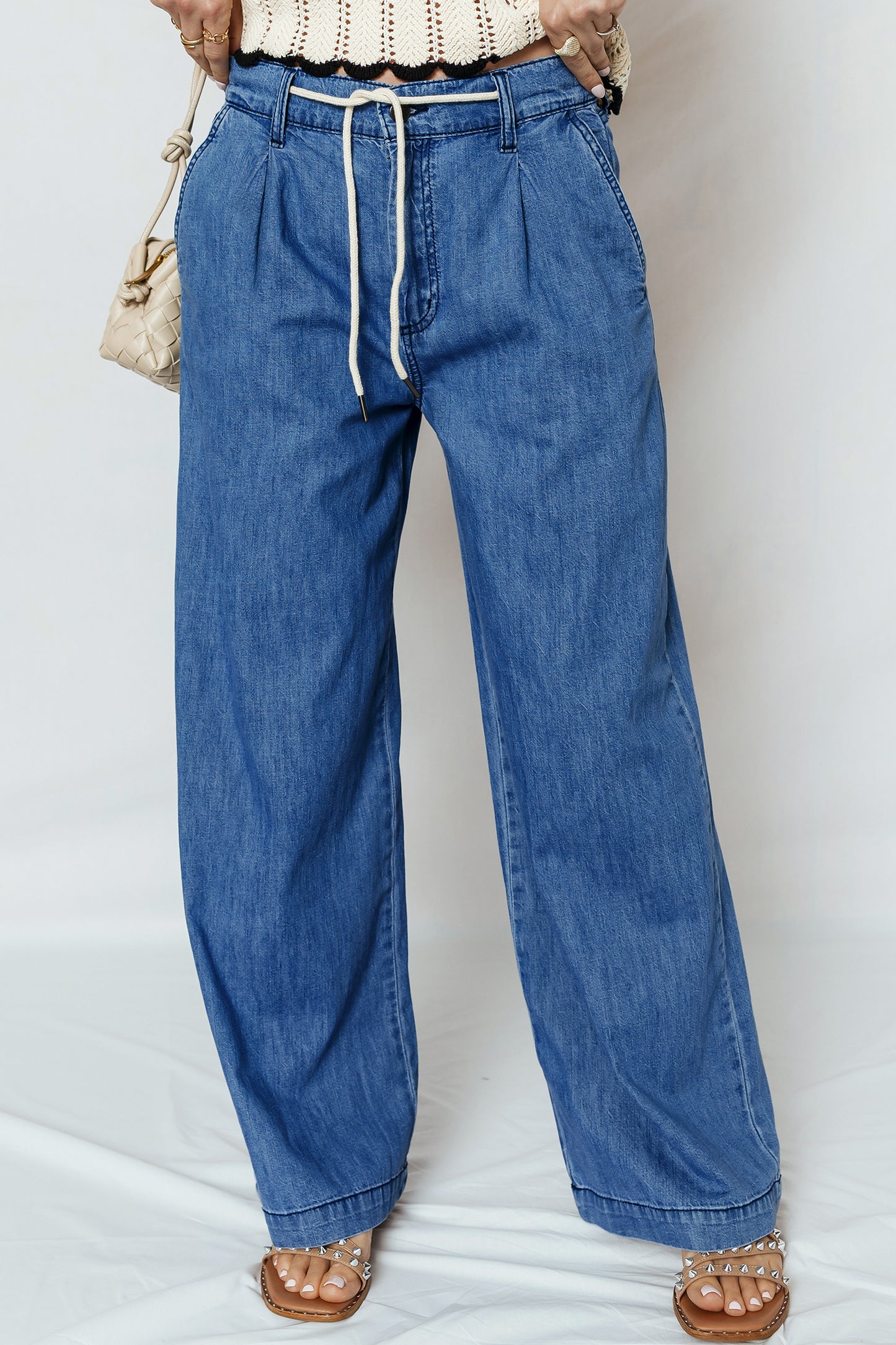 Lace-Up Pull-On Wide Leg Jeans
