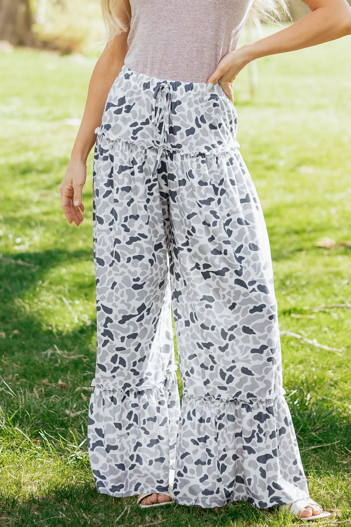 Beige Camo Print Elastic Waist Wide Leg Pants | S–XL