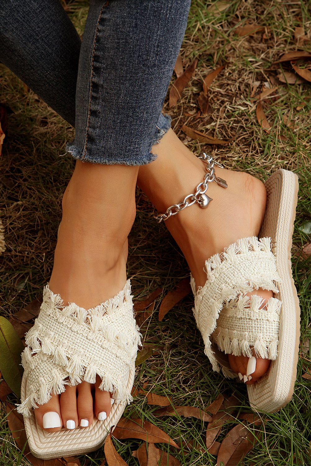 Beige Tassel Woven Crisscross Strap Flat Bohemian Sandals