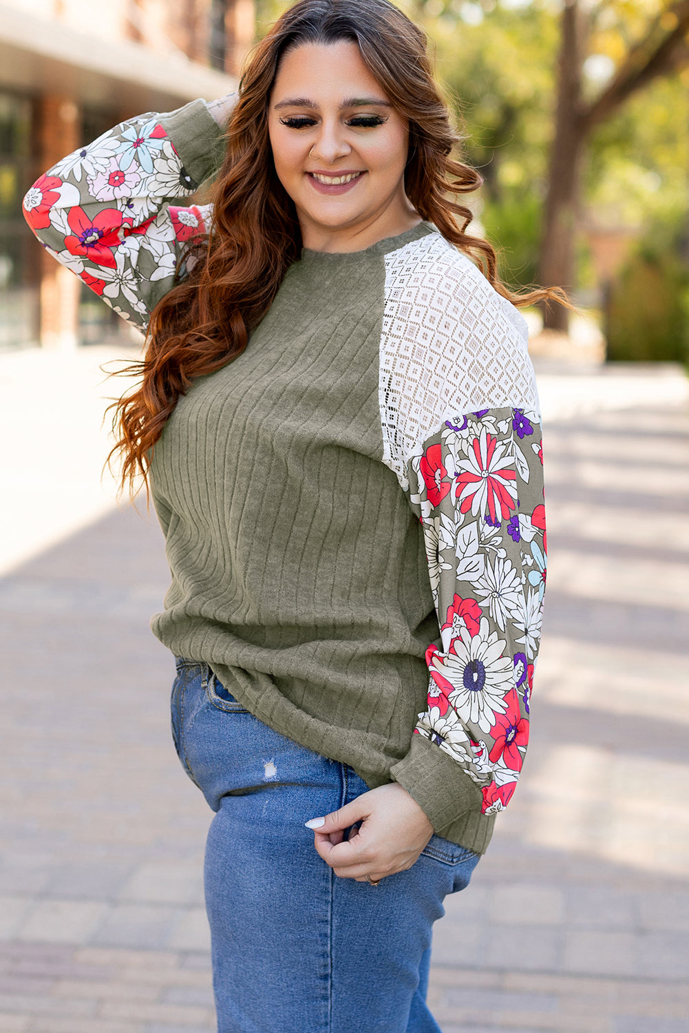 Plus Size Ribbed Floral Sleeve Blouse Women 1X–4X