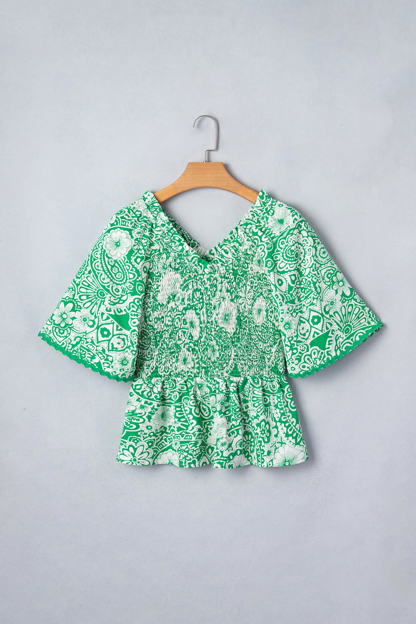 Abstract Print Ruffle V-Neck Blouse with Scalloped Hem | Green