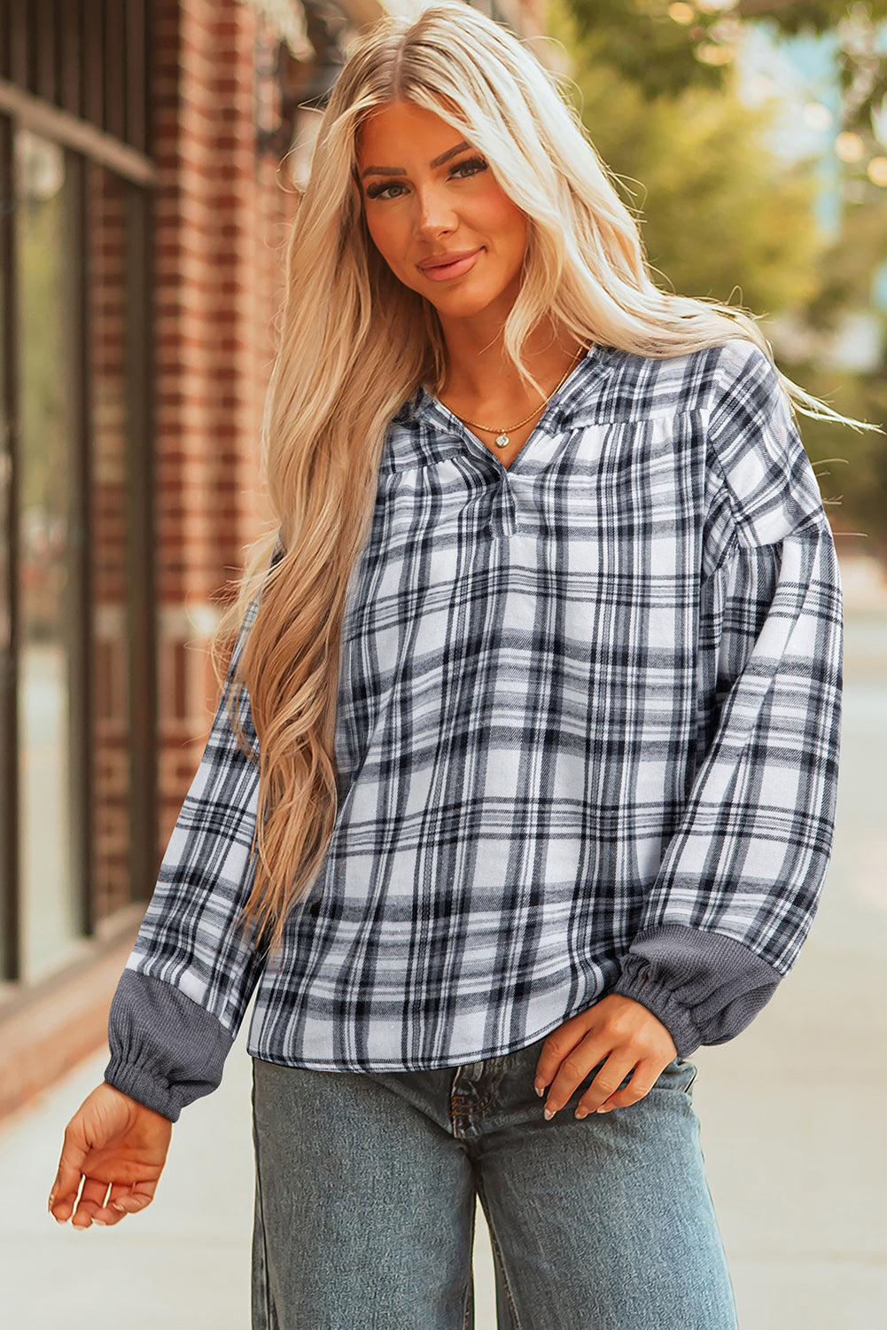 Plaid Patchwork Quarter-Button V-Neck Hooded Long Sleeve Blouse