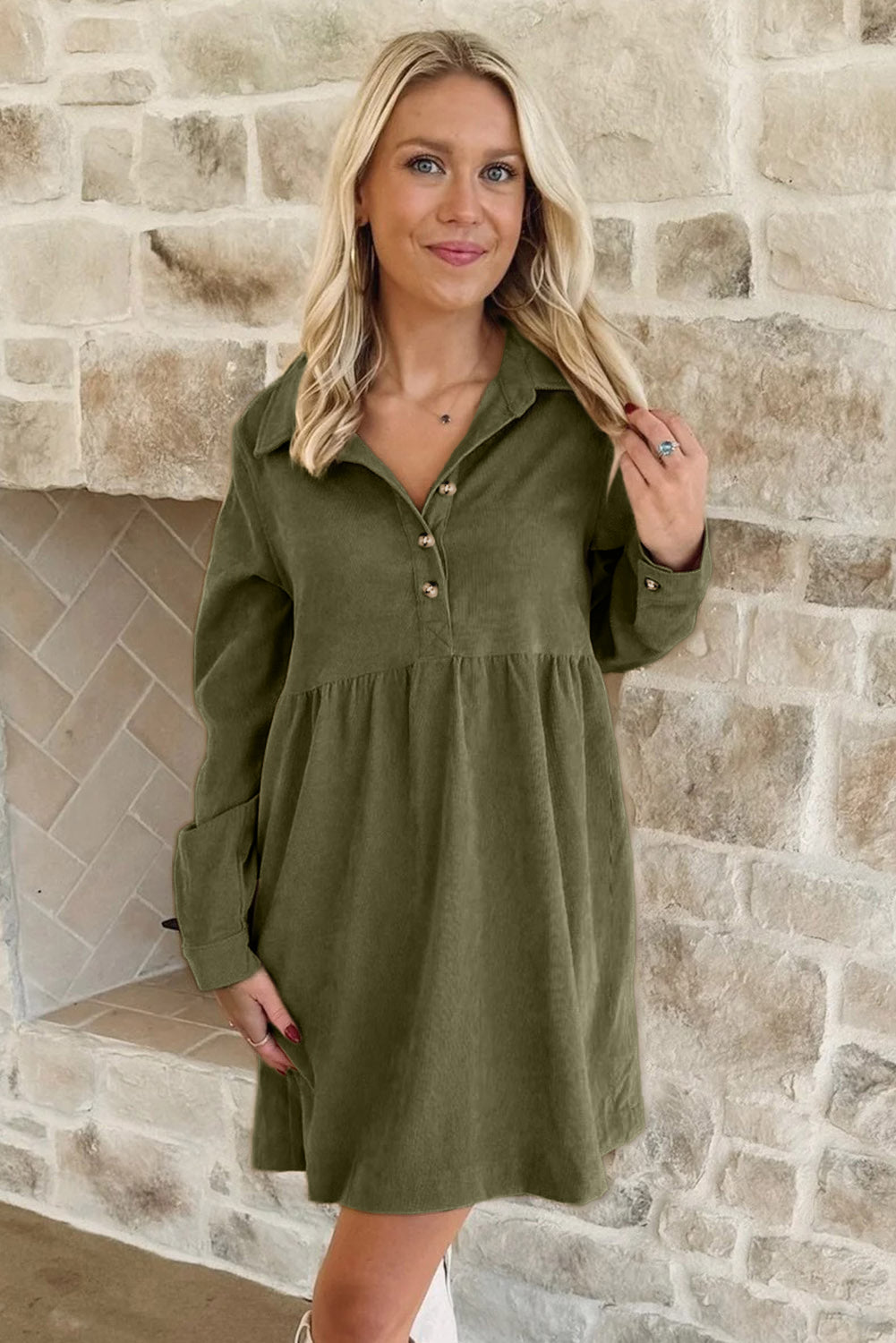 Corduroy Half Button Collared Mini Dress in Vineyard Green
