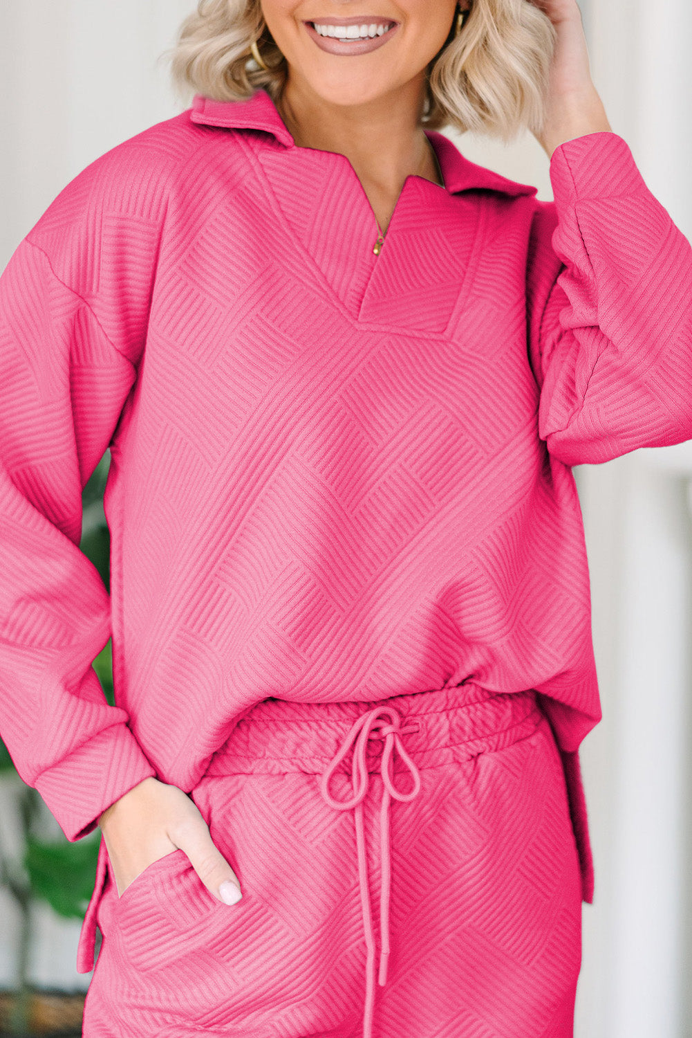 Textured V-Neck Collared Top Ankle-Length Wide Leg Pants Set