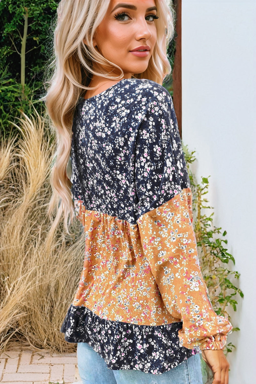 Floral Color Block Patchwork Ruffled Hem Round Neck Blouse