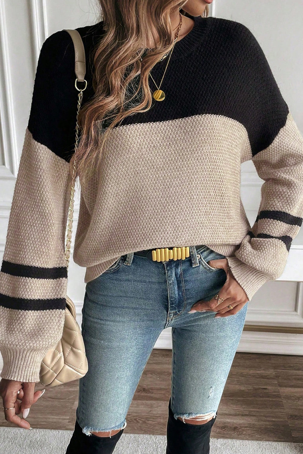 Colorblock Knit Striped Sleeve Sweater