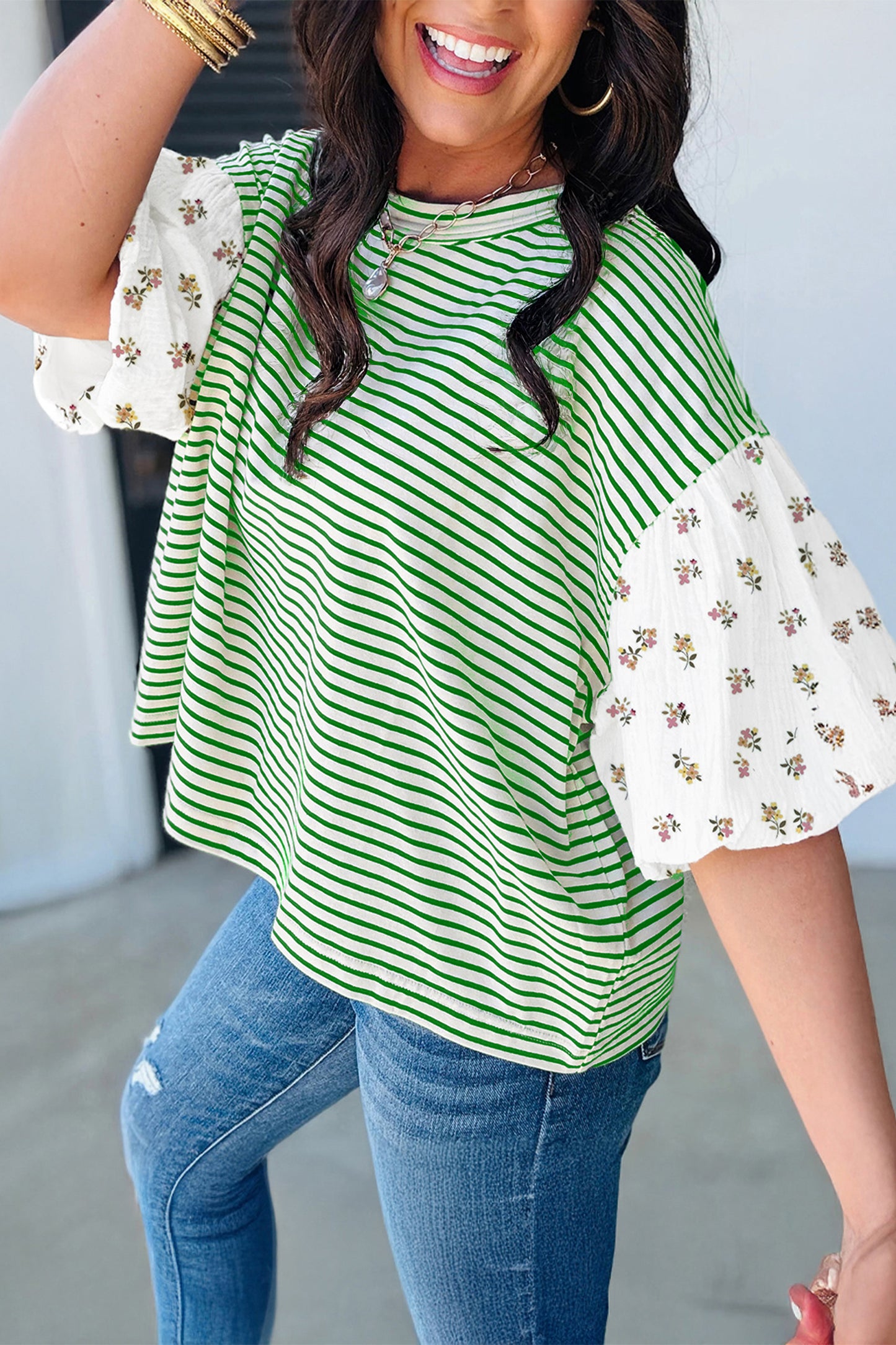 Striped Floral Puff Sleeve Top Women S–XL