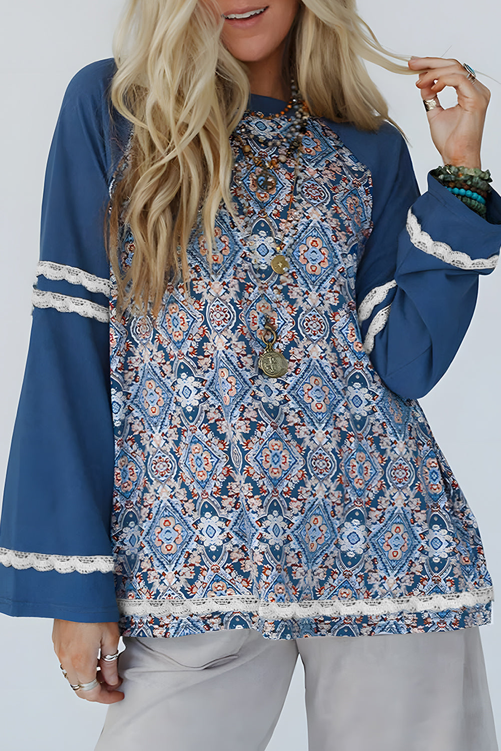 Blue Geometric Print Ric-Rac Lace Patchwork Raglan Long Sleeve Top – Women's Boho Western Pullover (S–XL)