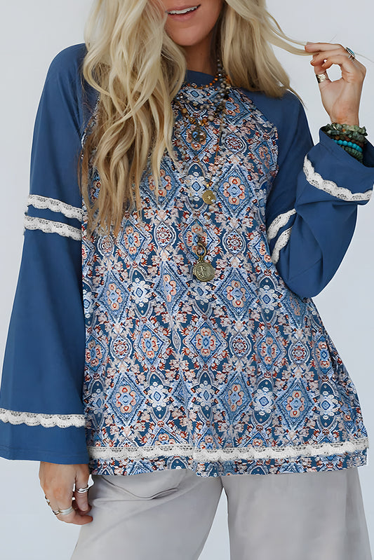 Blue Geometric Print Ric-Rac Lace Patchwork Raglan Long Sleeve Top – Women's Boho Western Pullover (S–XL)