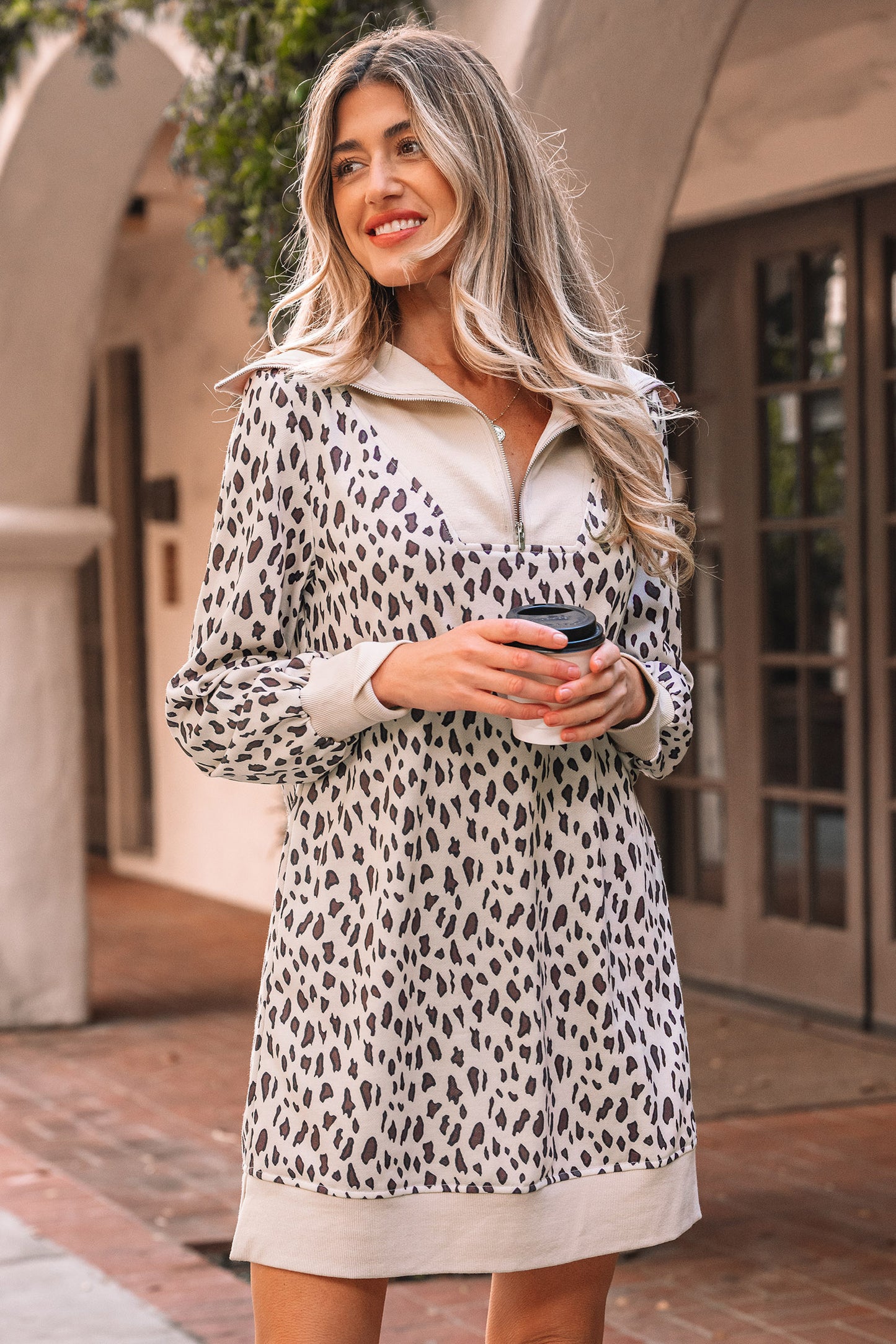 Leopard Zip Collar Patchwork Shift Mini Dress in Khaki