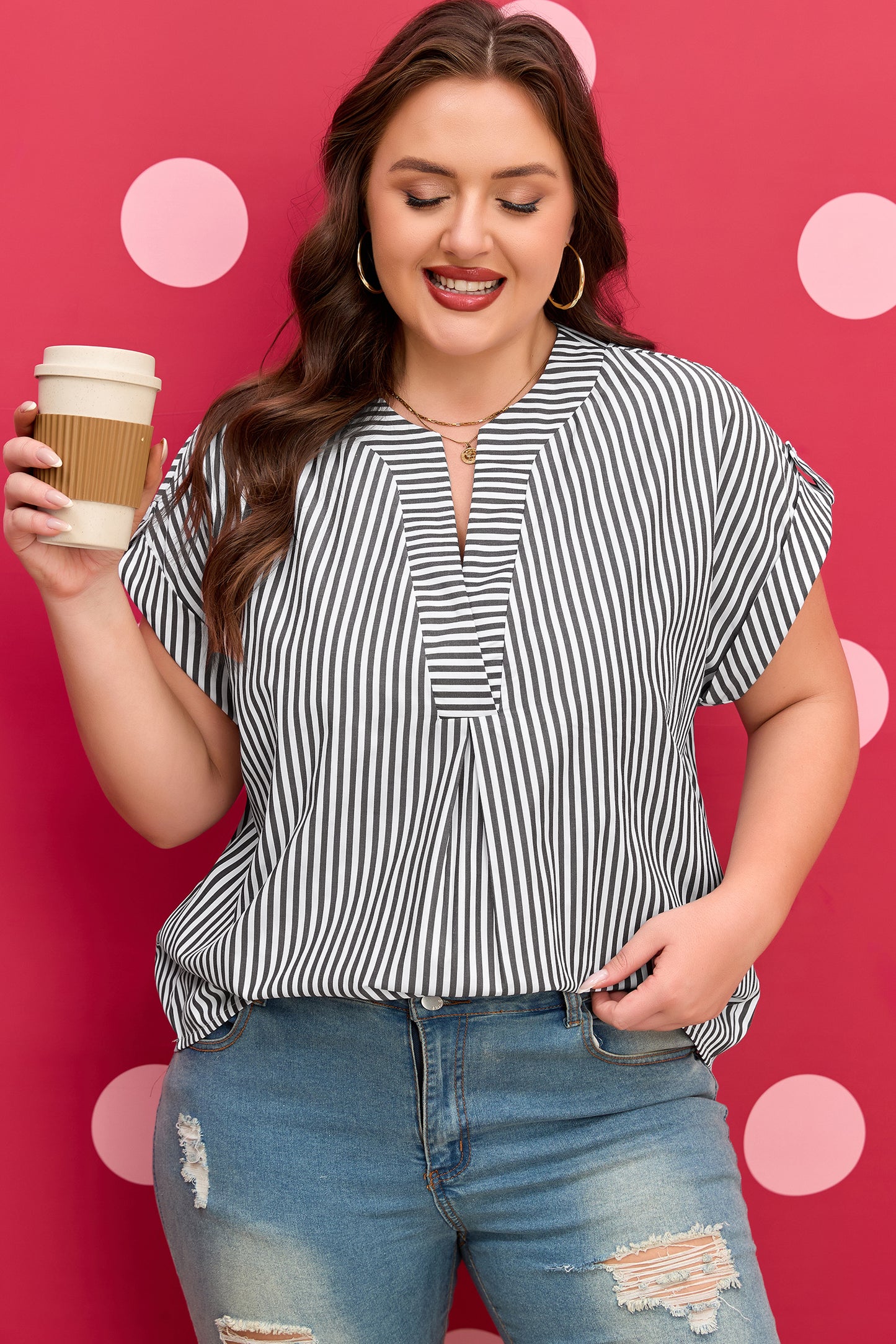 Women's Plus Size Black Striped Short Sleeve Blouse 1X–4X